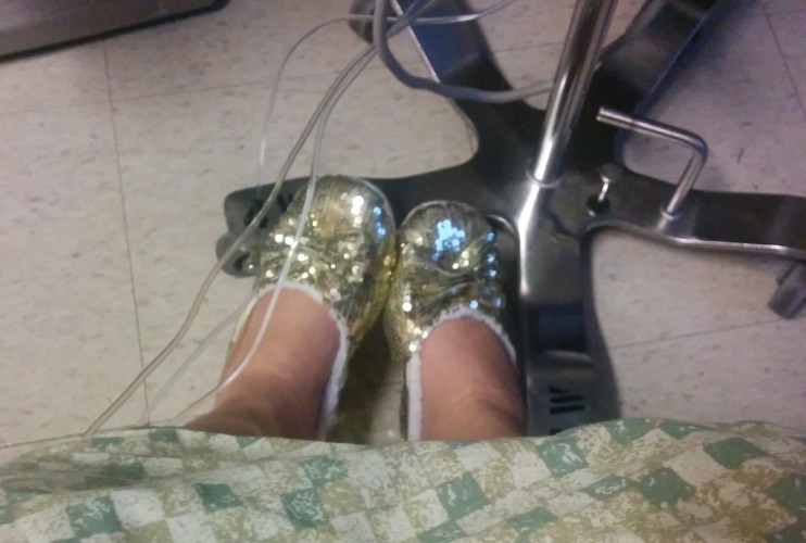 These sequined slippers arrived in a care package from my staff a couple days after I was admitted to the hospital.